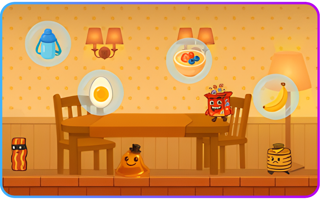 Bladder Defender, an educational game showing a home kitchen as the game's level 01 with healthy and unhealthy breakfast items