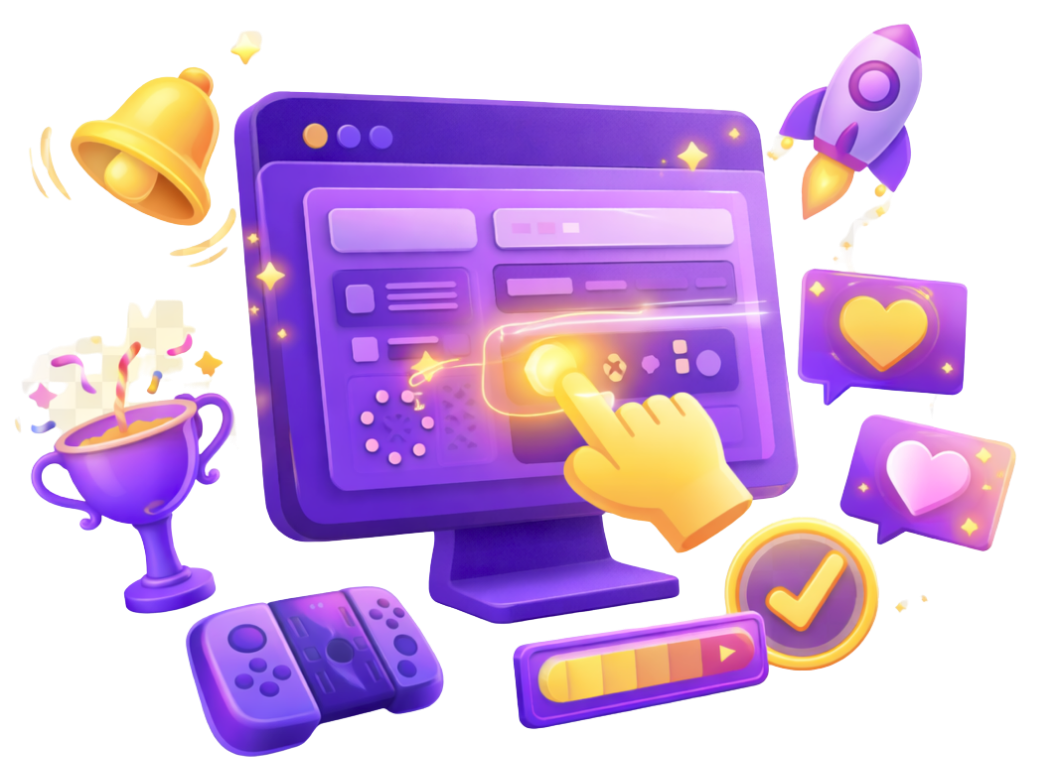 3D purple monitor with a glowing tap interaction illustrating UI/UX animation and feedback design, surrounded by game elements like a trophy, bell, hearts, and progress bar
