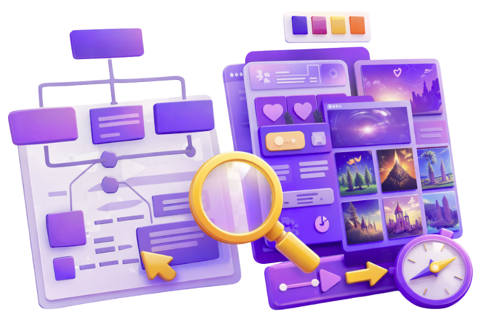 3D UI/UX flowchart and game art mood board side by side with a magnifier, color palette, and compass illustrating information architecture and style exploration