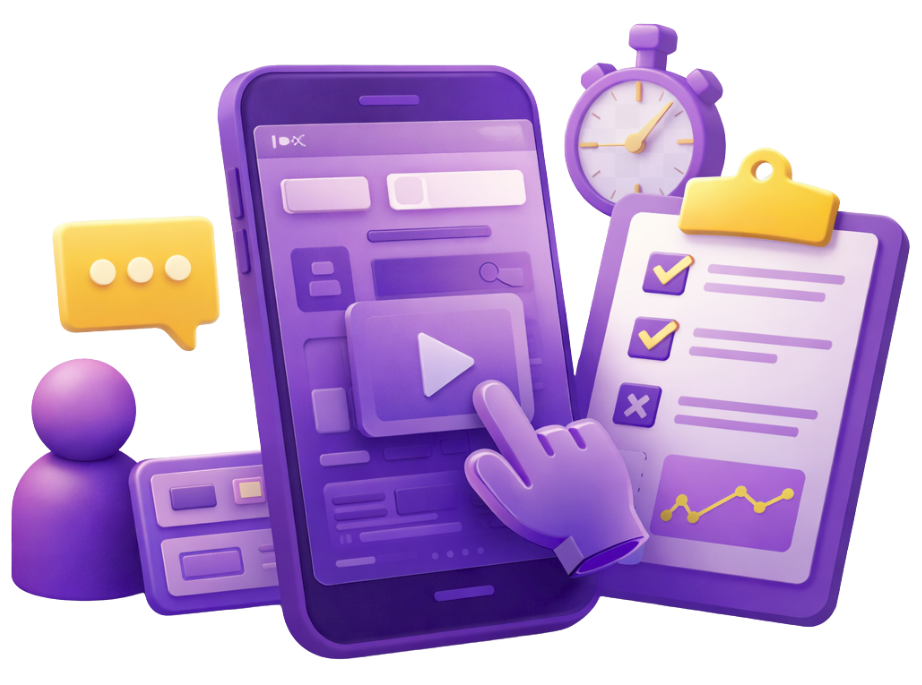 3D purple smartphone with a tapping hand, usability checklist, stopwatch, and chat bubble representing UI/UX interactive prototype testing