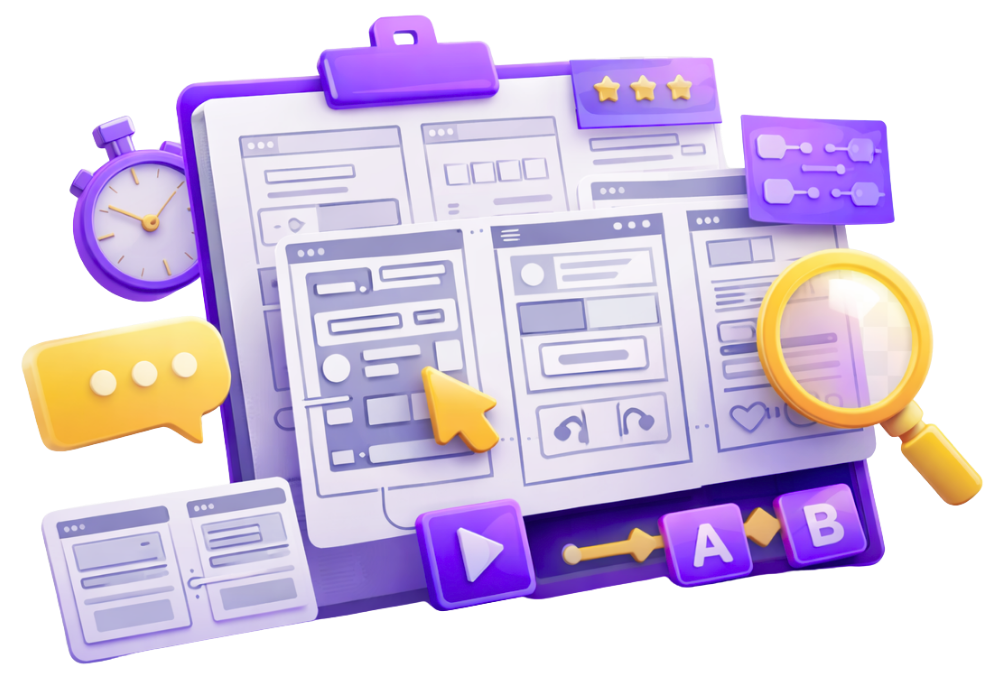 3D clipboard displaying UI/UX wireframe layouts with a cursor, stopwatch, A/B testing labels, magnifier, and feedback bubble for rapid prototyping
