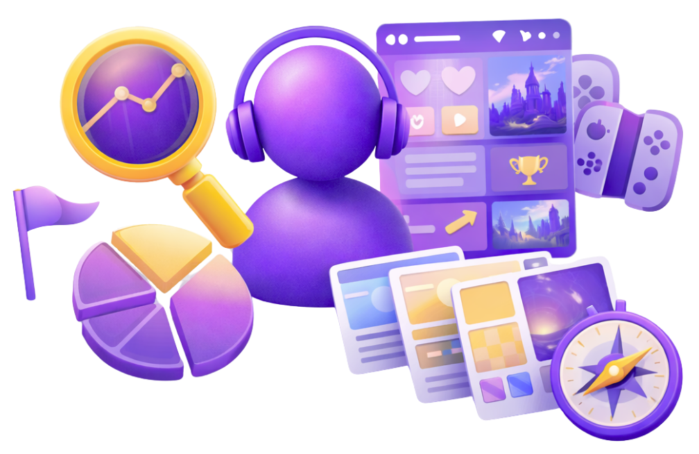 3D purple player avatar with headphones surrounded by analytics charts, game UI screens, mood boards, a controller, and compass for UI/UX player context analysis