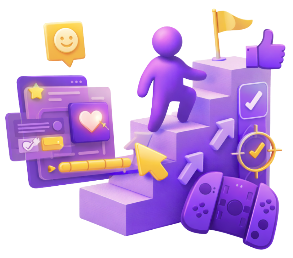 3D purple figure climbing steps representing a UI/UX player progression flow, surrounded by game interface elements including a cursor, controller, and achievement icons